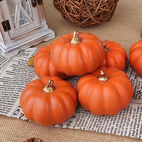 Image of Artmag Artificial Pumpkins Bulk 12Pcs Assorted Sizes Harvest Lifelike Pumpkin Fake Foam Pumpkin for Fall Autumn Halloween Home Party Thanksgiving Party Holiday Decor Dark Orange
