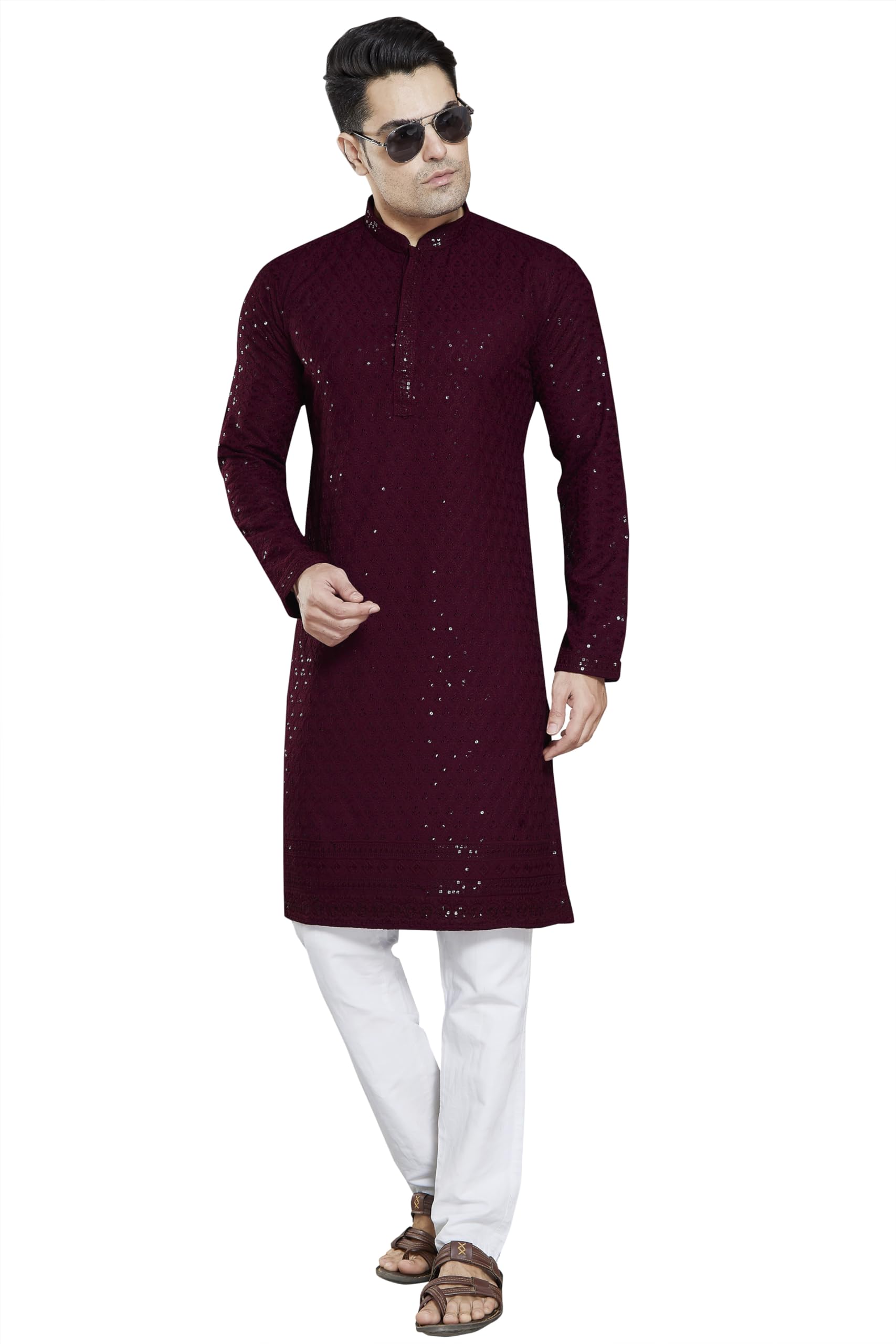 Divisive Men's Sequince Embroidered Cotton Blend Slim Fit Kurta Pyjama Set (Dkrt24_Xxxl_Burgundy)