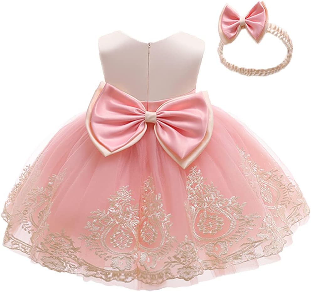 SAIHIME Baby Girls Lace Dress Bowknot Flower Dresses Wedding Baptism Christening Formal Toddler Birthday Party Tutu Gown with Headwear