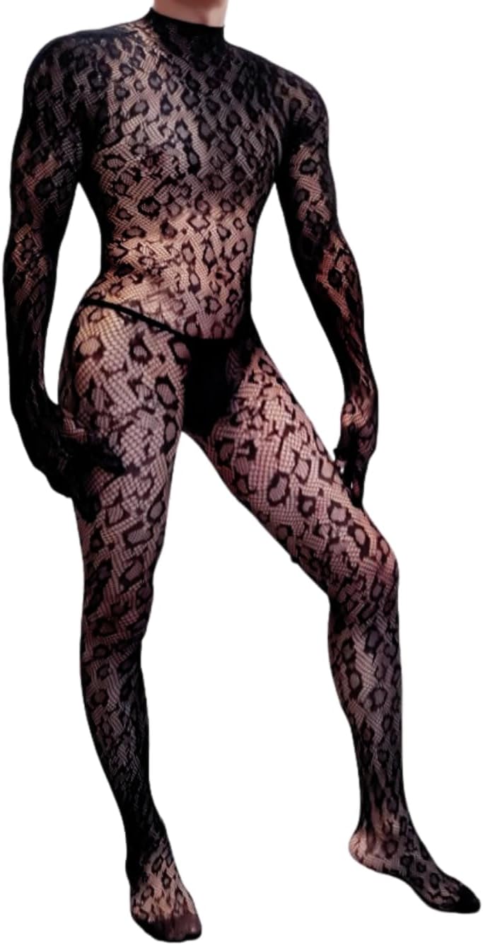 Rave Outfits For Men, Festival Party Clubwear, Leopard One Piece Full Lace Jumpsuit, Sexy Lingerie Costume Bodysuit