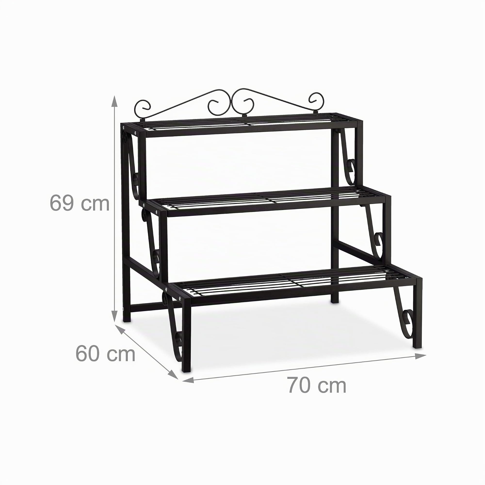 Relaxdays Fioriera a Scala, 3 Livelli, per Esterni e Interni, Scaletta Portafiori con Decorazioni, HLP 69x70x60 cm, Nera