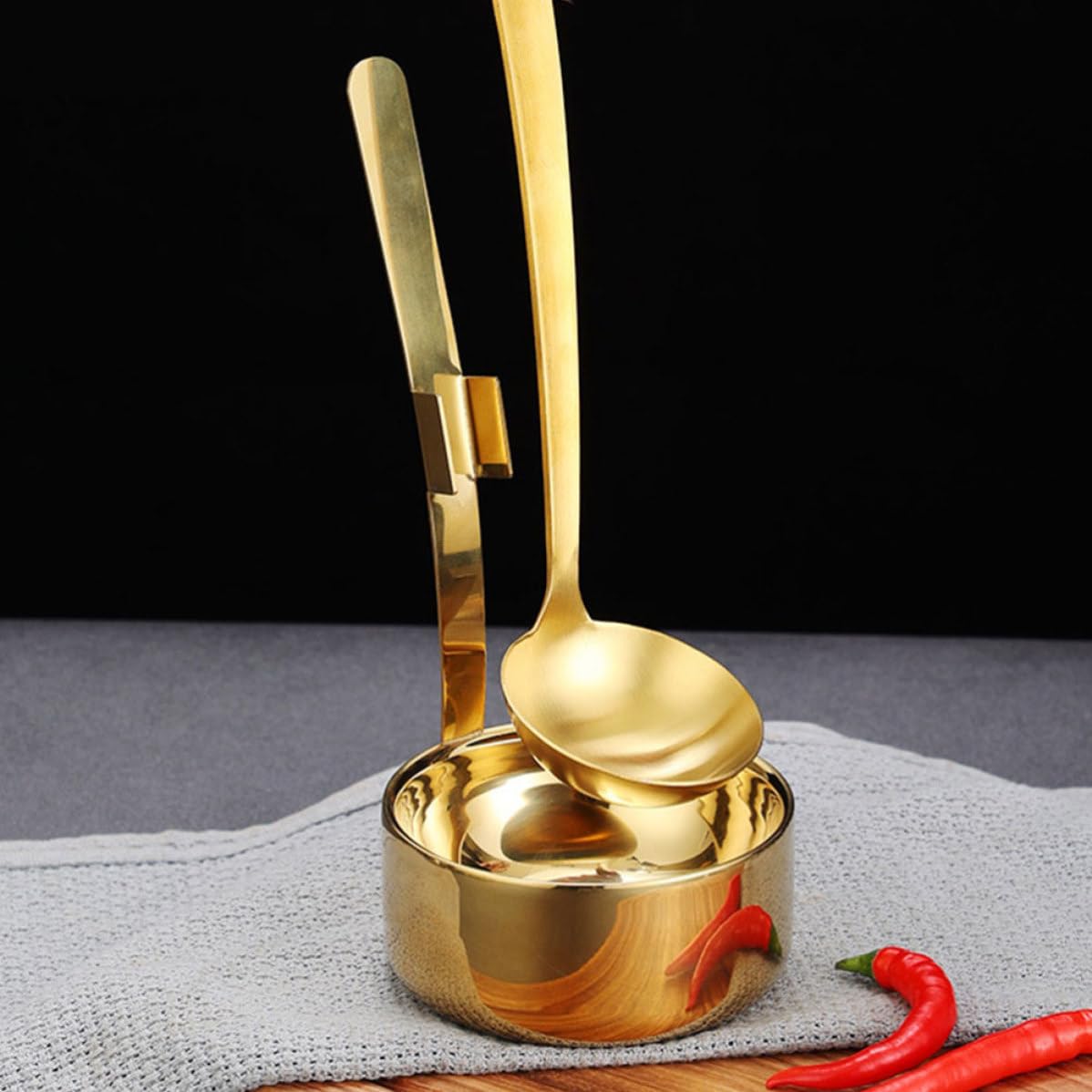 Soporte para Cucharón de Pie de Acero Inoxidable Dorado