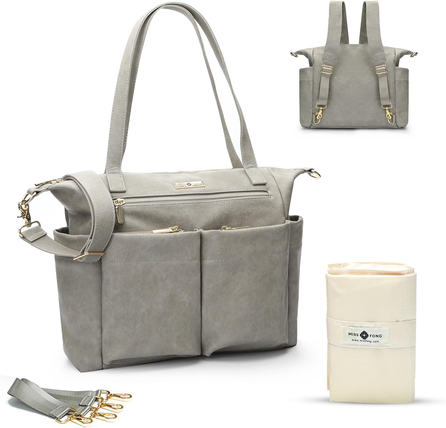 miss fong Diaper Bag Tote Baby Bag Leather Diaper Backpack Large Diaper Tote Bag for girls & boys Diaper Bag Purse with 11 Pockets,Changing Pad, Stroller Straps,4 Insulated Pockets