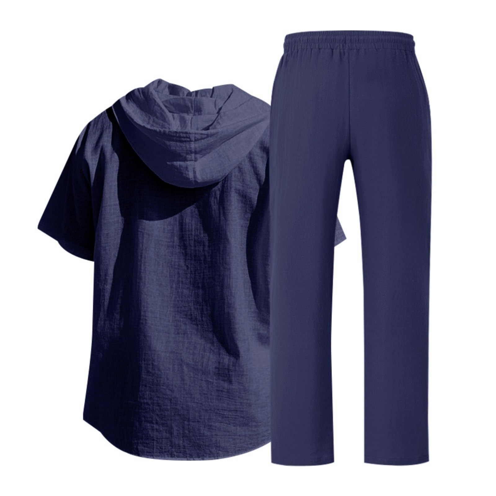 Sommeranzug Herren Leicht Leinen Set Kurzarmhemd Und Hose Sommer Outfit Set 2 Teiliges Strandanzug Einfarbig Casual Hawaii Kostüm mit Kapuze Freizeitanzug Leinenanzug S-3XL