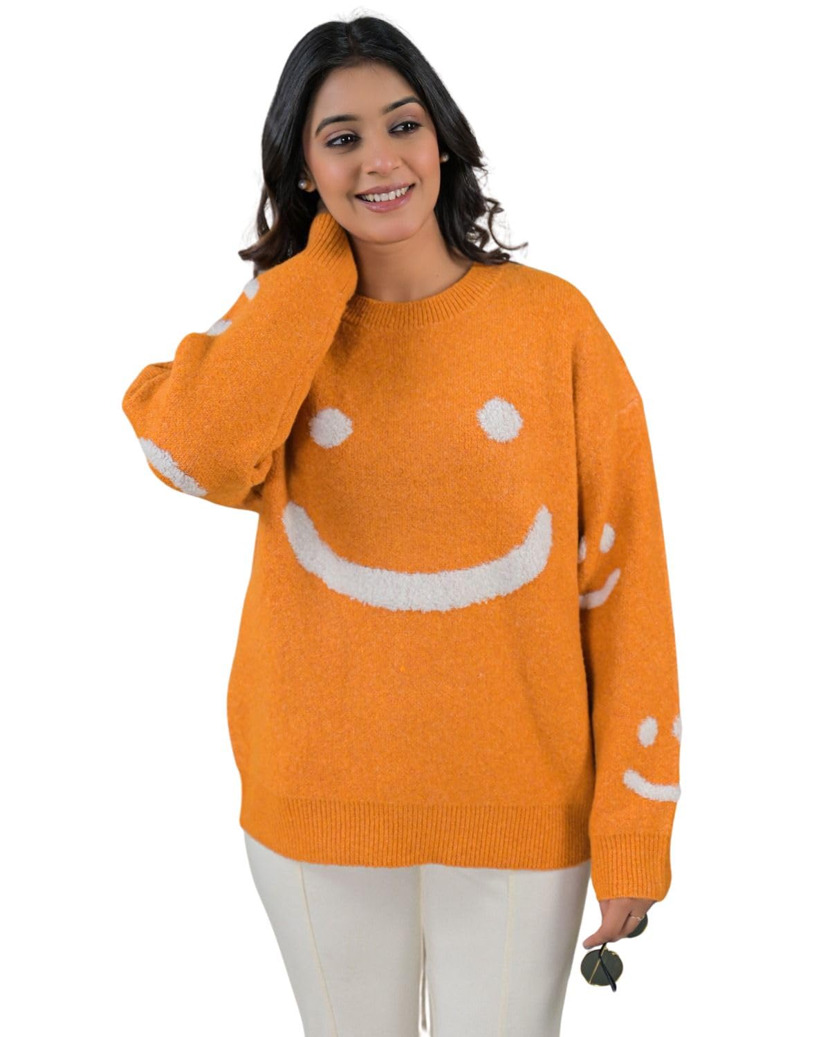 soul armor Womens Smiley Face Knit Pullover Top Round Neck Long Sleeve Relaxed Fit-picture-26