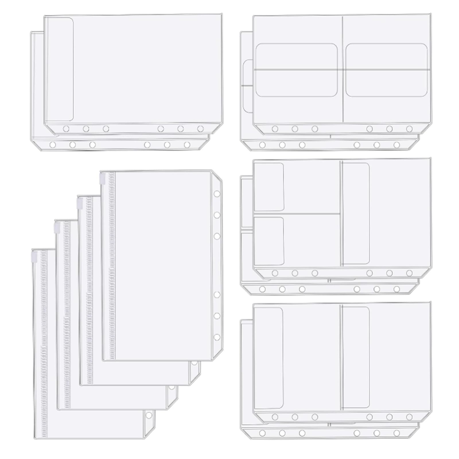 GIONAR 12 Pcs A5 Binder Inserts, 6-Hole Clear PVC Zipper Pockets, A5 Ring Binder Pockets & Punched Pockets, Planner Inserts for Notebook, Sticker Organizer Binder Bags