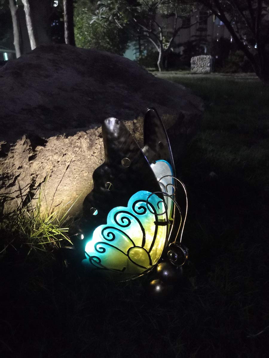 新商品!! 蝶 ソーラー ライト ガラス 鉄 景観灯 チョウライト庭灯ランプ Amazon.co.jp: 夢の行 蝶のソーラー工芸ライト（ガラス+鉄）景観