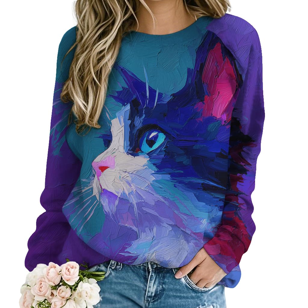 Cat Printed Sweatshirt for Women Crewneck Long Sleeve Graphic Sweatshirts Loose Fit Comfy Pullover Womens Hoodies Fall Sweaters