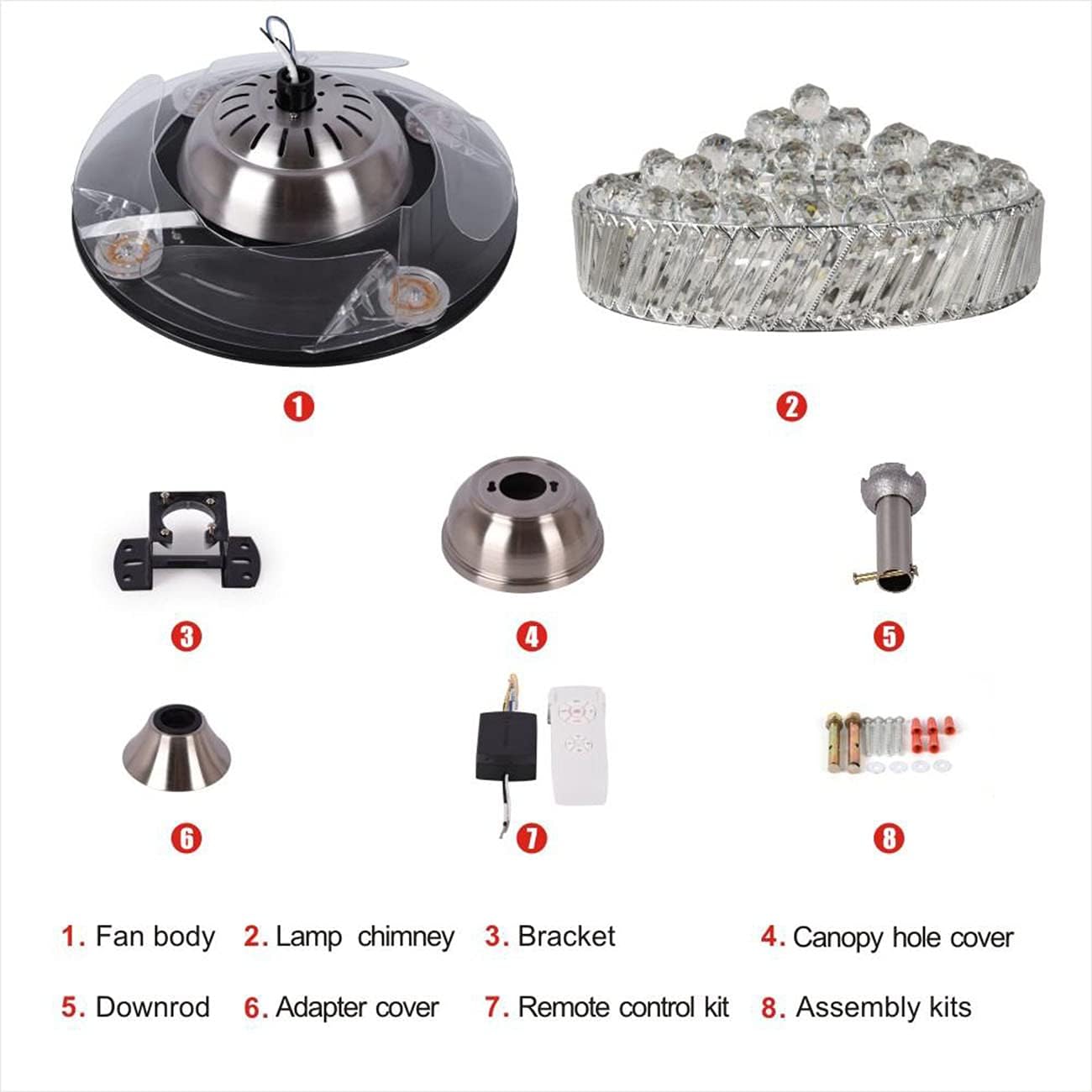 42" Fandelier Crystal Ceiling Fan Lights with Remote, Modern Invisible Hidden Retractable Ceiling Fans with Lights 3-Color Dimming Chandelier Lighting for Dining/Living Room (Silver)