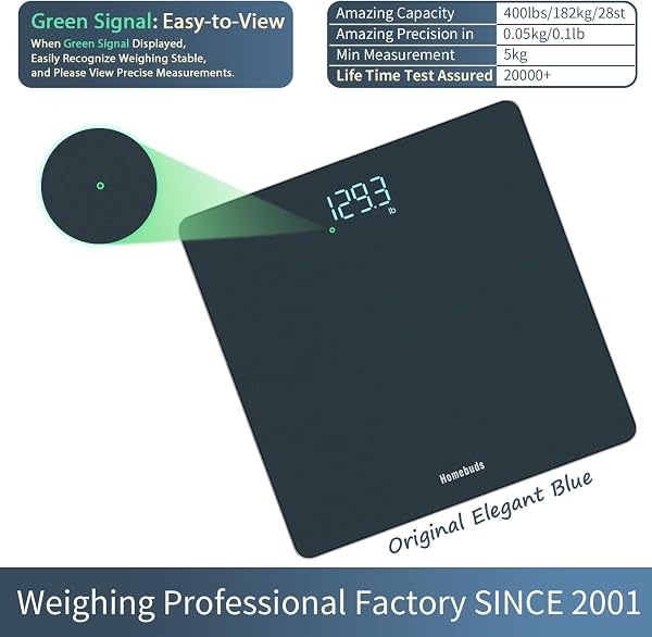 Homebuds Digital Weight Scale, High Precision in 0.1lb by Our Professional Factory Since 2001, Scale Body Weight LED Display and Step-On, 3*AAA Batteries Included, 400lb/182kg, Blue - 3
