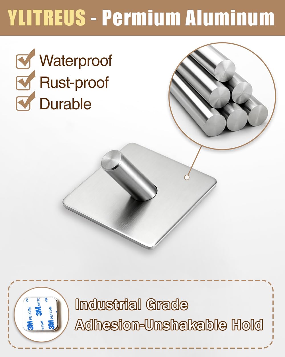YLITREUS Ganci Adesivi Acciaio Inox 6 Pezzi - Ganci per Accappatoio Senza Forare, Impermeabili e Antiruggine, Adatti per Bagno e Cucina, Argento