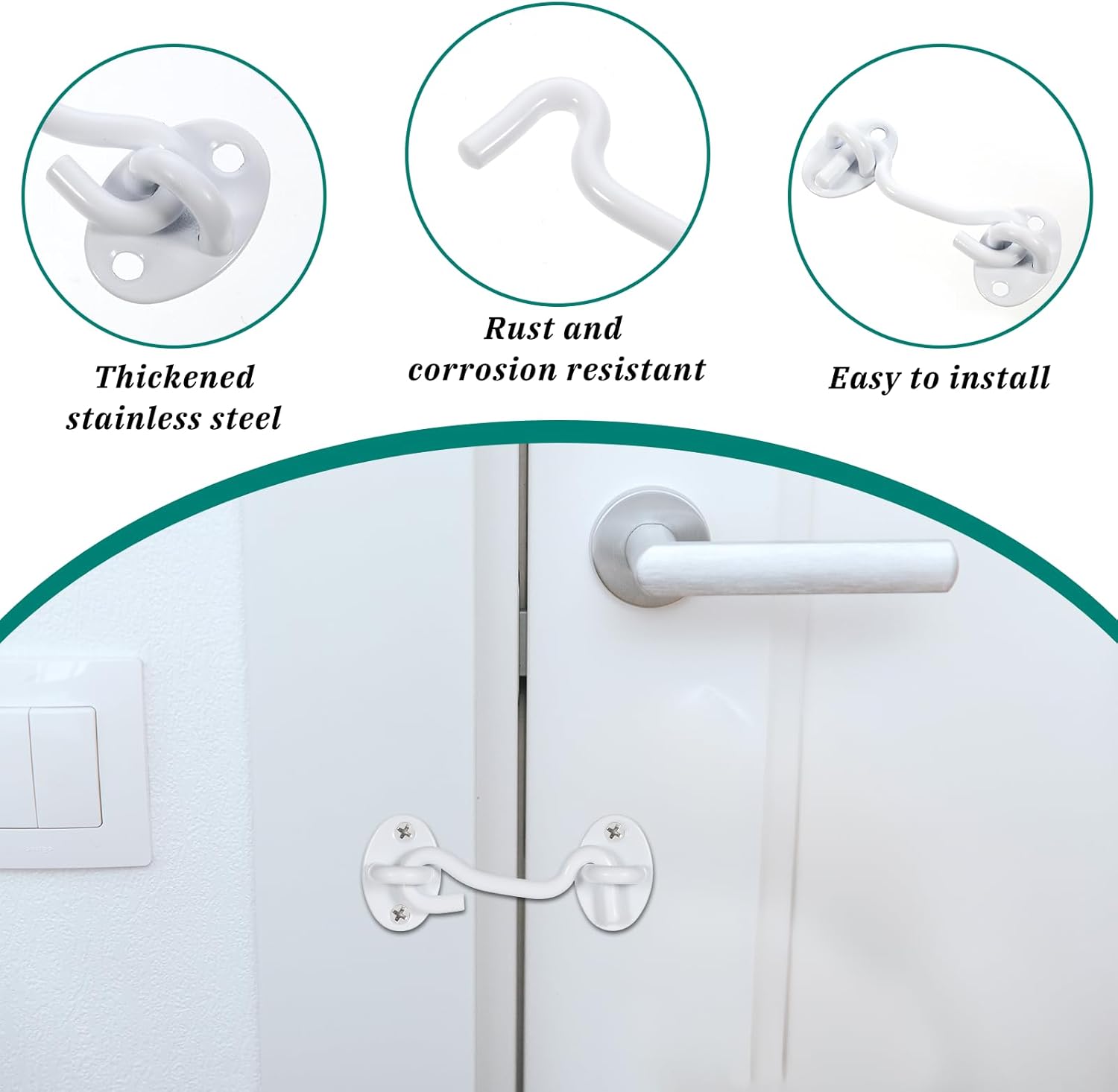 2 Pack Hook and Eye Latch for Door, Privacy Latch Hook with Mounting Screws, Heavy Duty Solid Thicken Gate Latches for Door, Windows, Sheds, Fences, Barn Doors, 3 inch, White