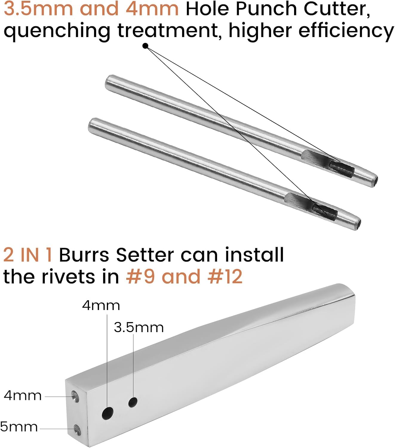 JUNESunShine 116Pcs, Copper Rivets and Burrs, #9 and #12 Burrs Setter, Leather Rivets Fastener Install Setting Tool with Leather Hole Punch Cutter for Belts Wallets Collars Leather Working Supplies