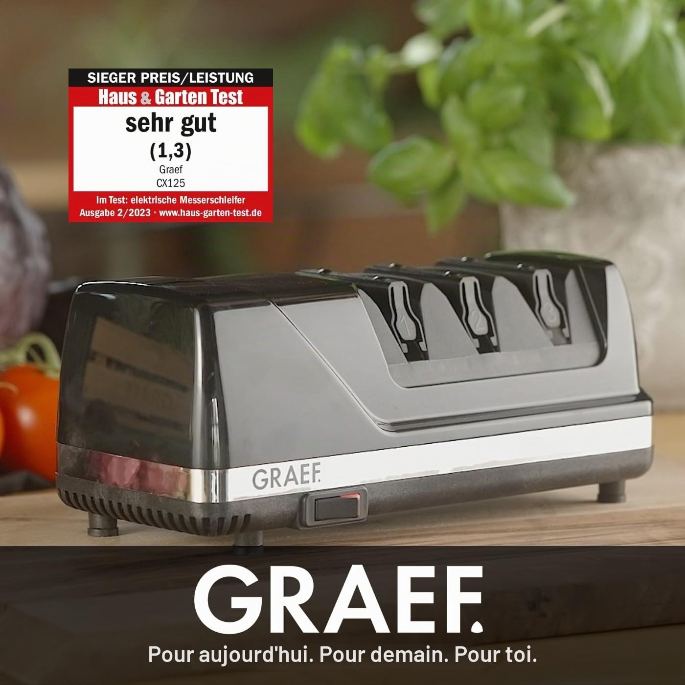 GRAEF CX125 – Aiguiseur électrique 3 phases, angle 15°, revêtement diamanté, pour couteaux de cuisine, chasse, pro et à lame crantée, résultats ultra-tranchants – Noir