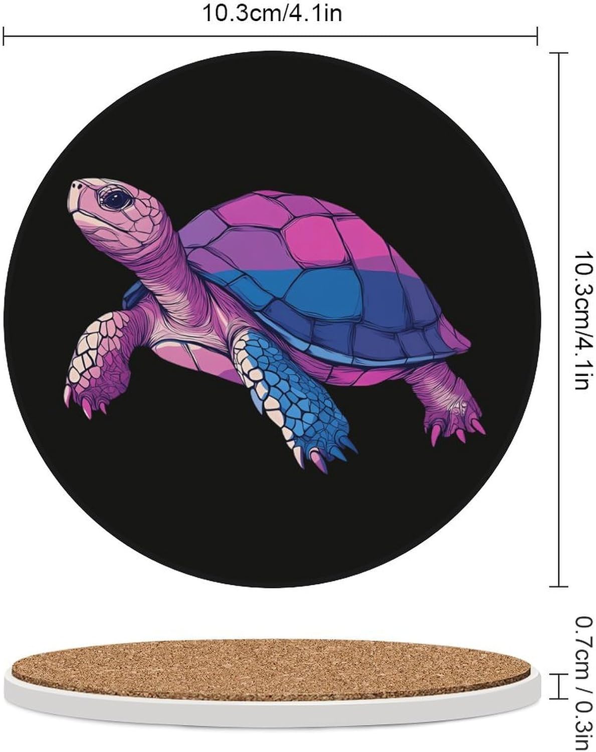 Bisexual Flag Turtle Round Ceramic Coasters for Drinks Absorbent Cup Holder Tabletop Protector with Cork Base