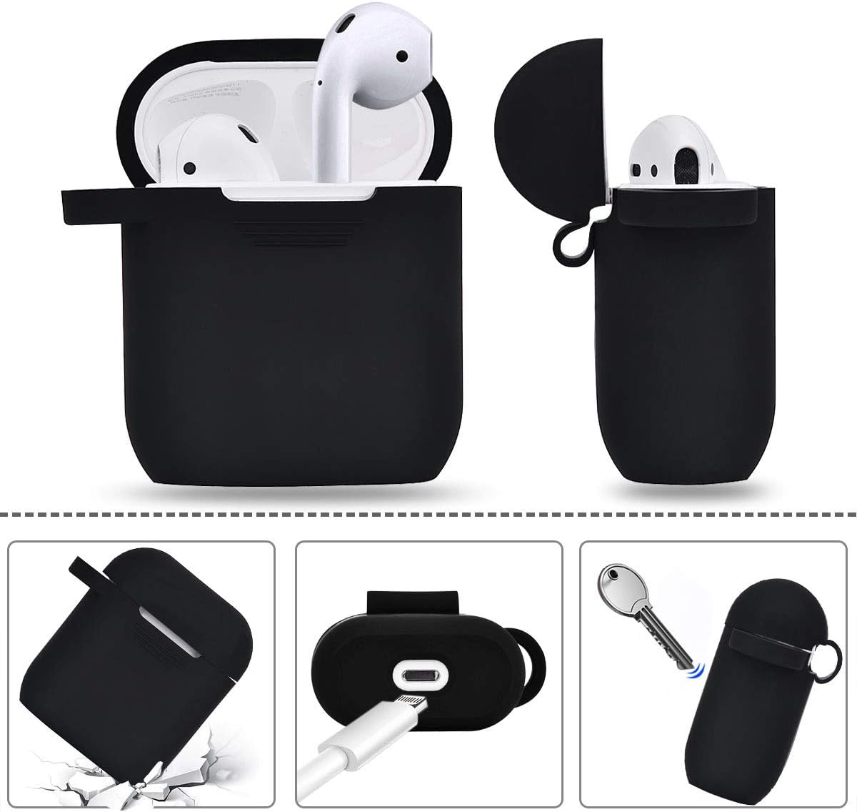TOROTOP Compatible for Airpods Case Set, Silicone Protective Airpod Case Cover Accessories with Bling Elephant Keychain/Ear Hook/Storage Box Compatible for Apple Airpods 2&1 (Black)