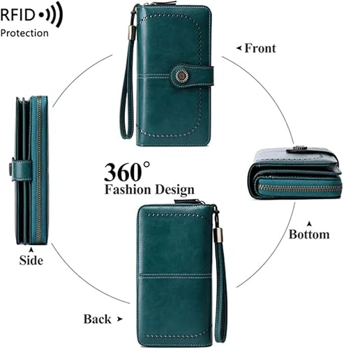 Miniatura 5 de Cartera grande con bloqueo RFID para mujer, cartera de piel sintética con cierre a presión, soporte para tarjetas de crédito de 3 páginas, 3 ranuras