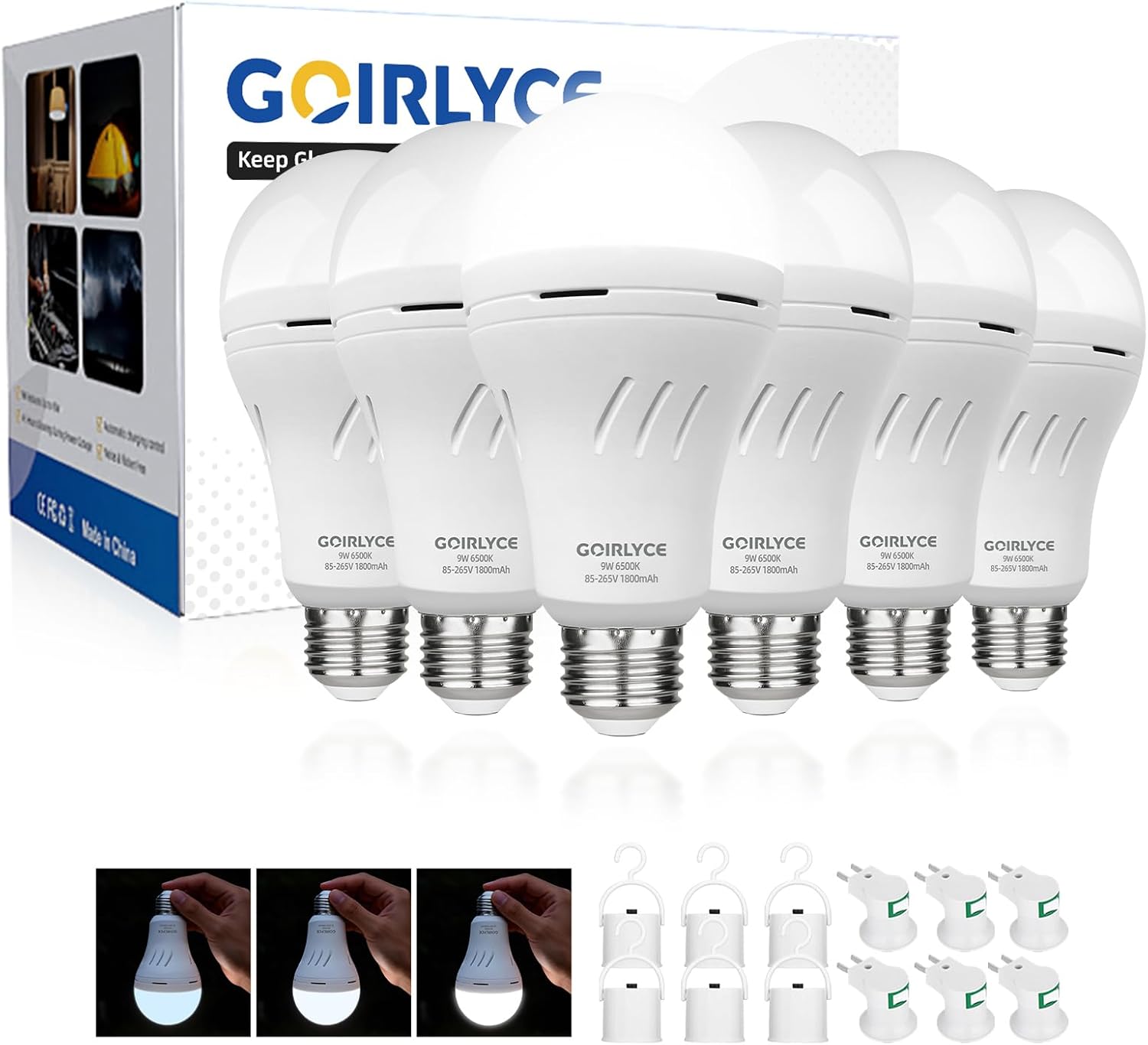 6Pack Rechargeable Emergency Light Bulbs, Battery Powered LED Light Bulb with Daylight 9W E26 6500K 1800mAh, Emergency Bulb for Home Power Outage Hurricane Blizzard Hiking Camping