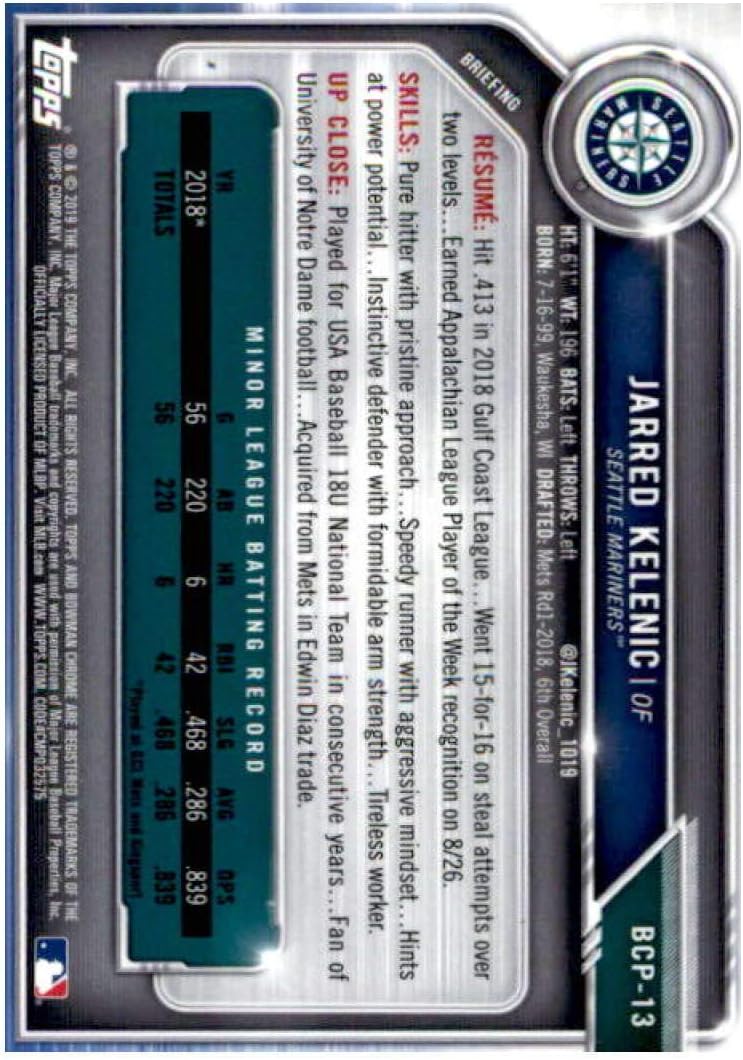 2019 Bowman Chrome Prospects #BCP-13 Jarred Kelenic Seattle Mariners Baseball Card