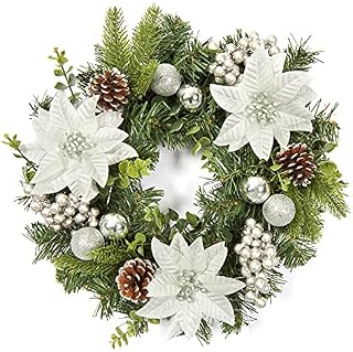 Adeeing 16 Inch Artificial Christmas Wreath, 40cm Silver Front Door Garland with Christmas Baubles, Xmas Flowers, Berries and Pine Cones for Door Wall Window Fireplace Decoration