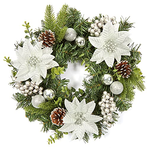 GAOMON 16 in Christmas Wreath for Front Door, Silver Artificial Wreaths with Xmas Balls, Artificial Flowers, Berries & Pine Cones for Fireplace Wall Window Door Christmas Table Centerpiece Decoration