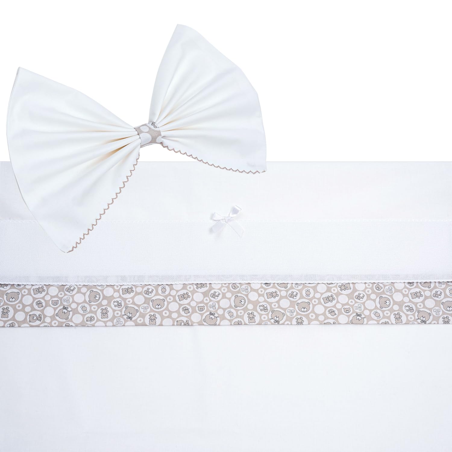 Filet - Complete 3 Pieces for Pram, Customisable Fitted Sheet with Embroidered Aida Band + Bottom with Elastic Bands + Pillowcase, Made in Italy, White and Taupe