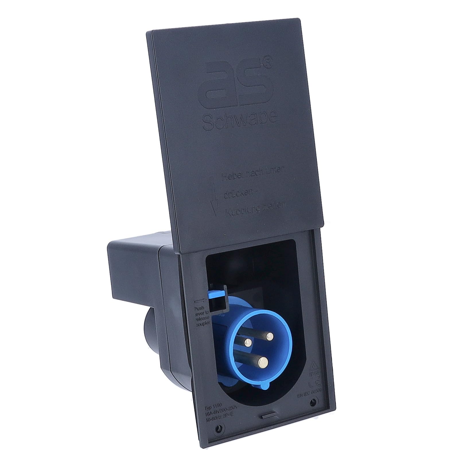 Camping CEE-Einspeisungsstecker mit Schiebedeckel 230 V / 16 A / 3 polig, Outdoor Anbau-Stecker für Wohnwagen, CEE Caravan-Einspeisungsstecker für Außenbereich geeignet, Schwarz I 61462