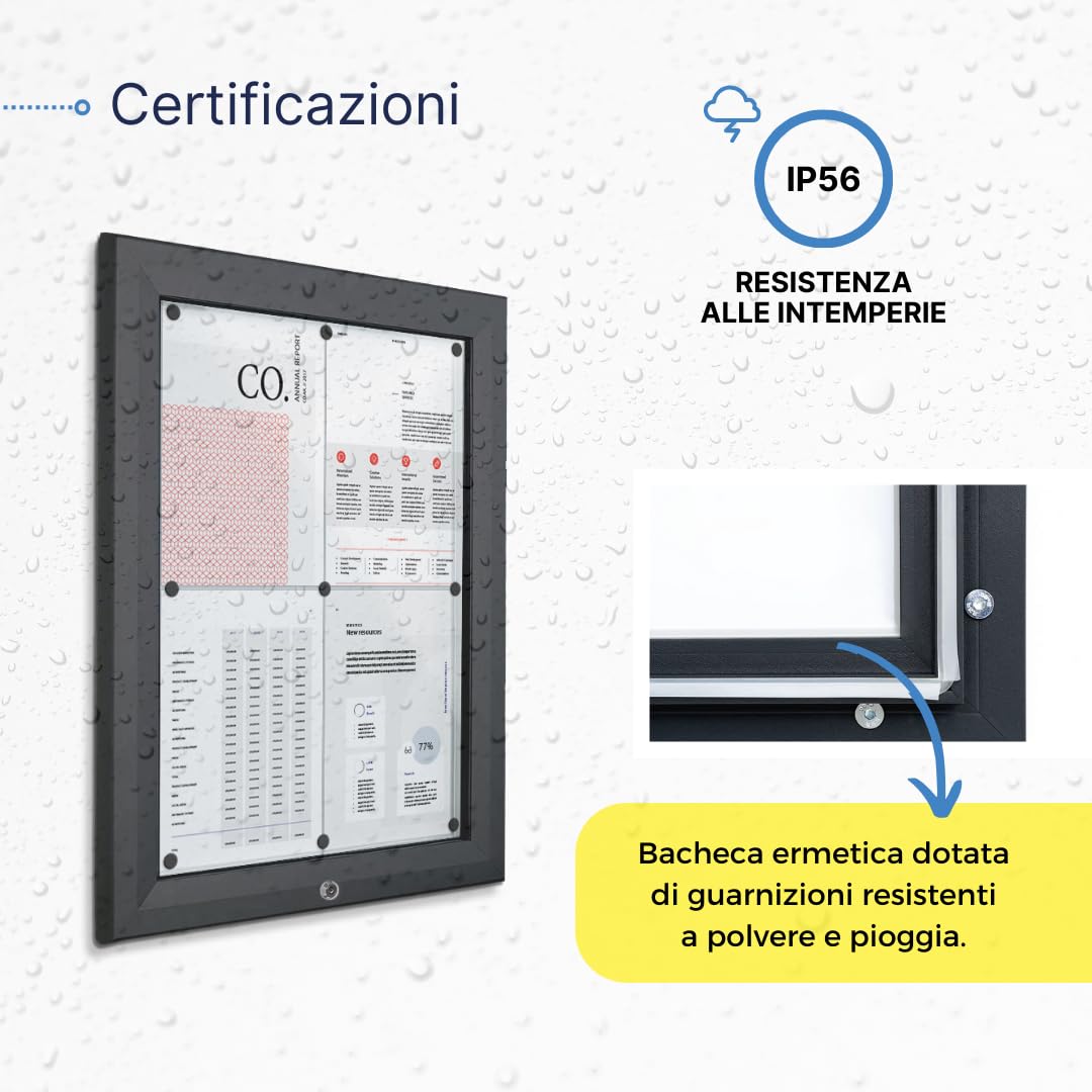Danieli | Bacheca Certificata per Esterno 50x70 IP56, Vetro di Sicurezza, Ermetica e Antincendio |In Alluminio Colore Antracite, Magnetica con 2 Chiavi | Per Muri e Ringhiere (4xA4)