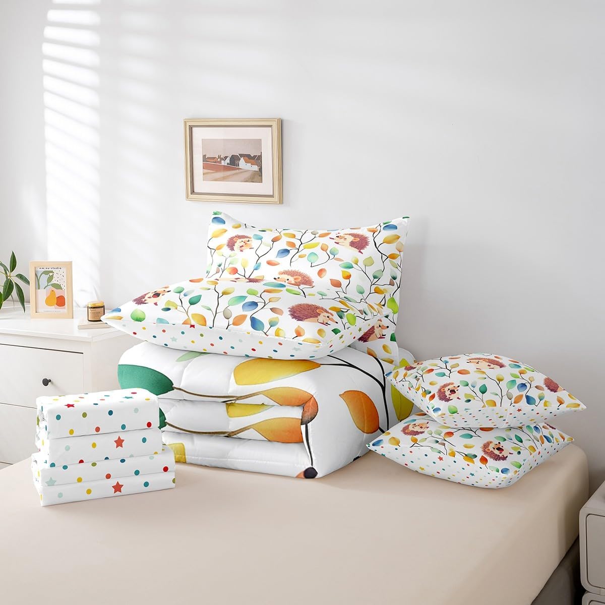 Erosebridal 7Pcs Cute Hedgehog Bedding Comforter Sets for Kids Boys Girls Boho Floral Bed in a Bag, Colorful Leaves Twin Bedding Sets Abstract Watercolor Plant Comforter Set, Wild Animal Bedding Sets