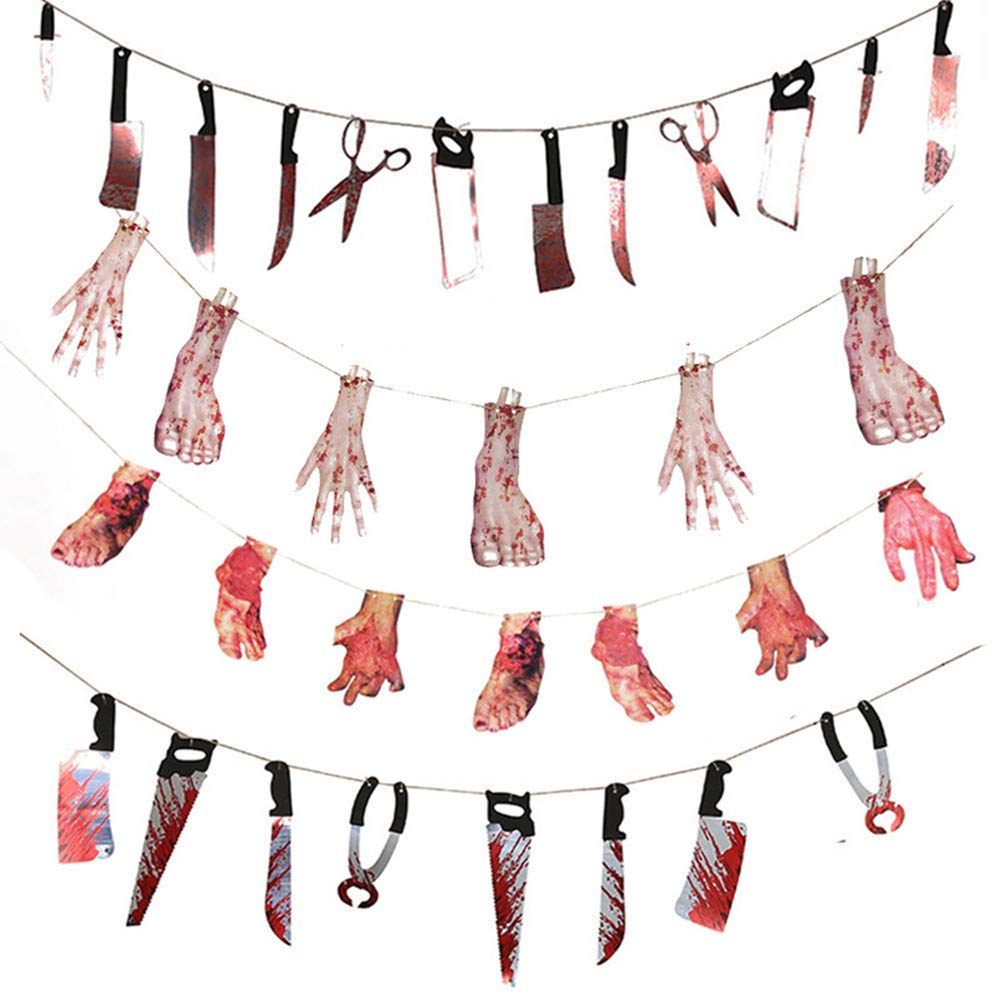 HOUNINGF 4 Pack Bloody Weapons Garland Banner, Halloween Zombie Vampire Party Decorations Supplies