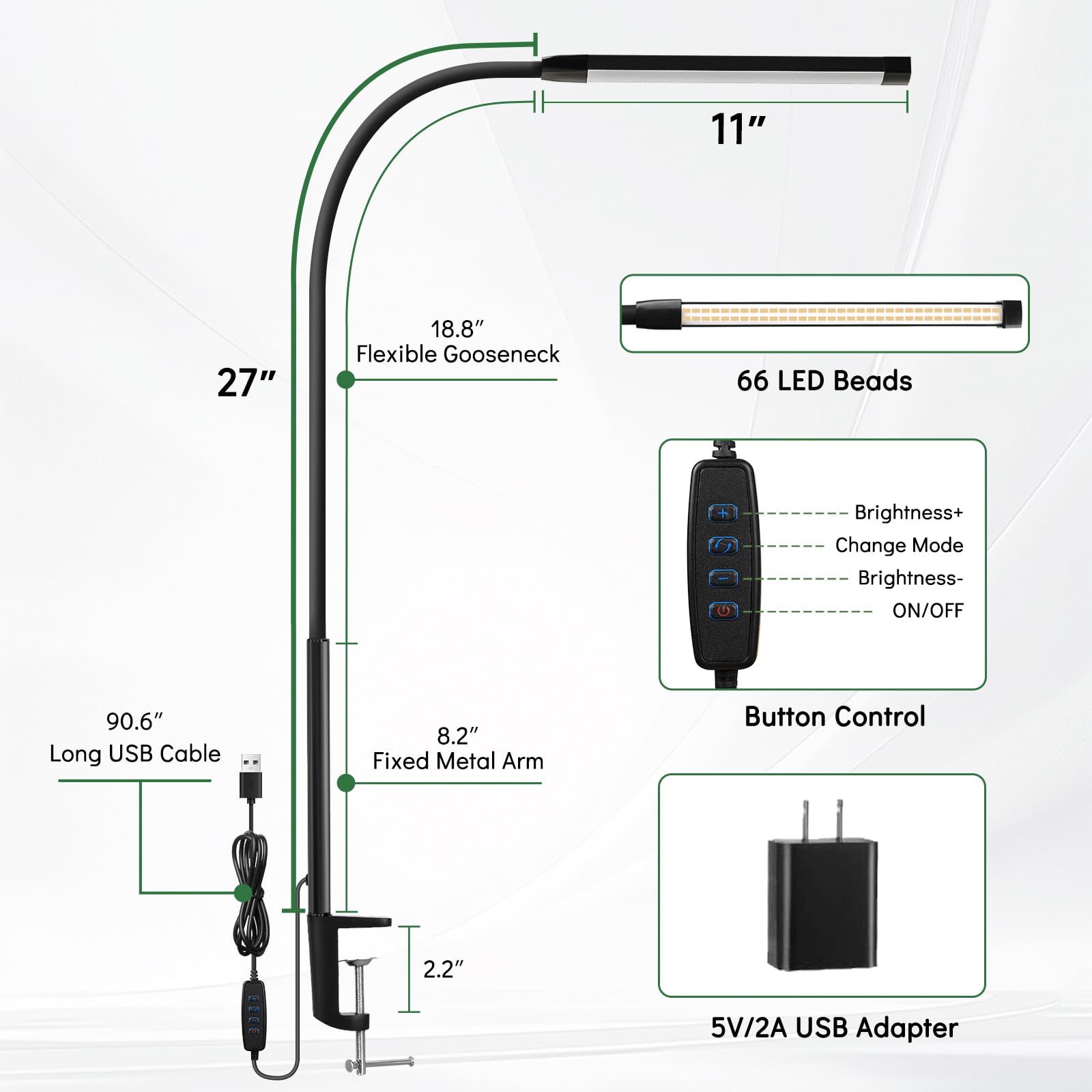 Lampe de bureau avec pince, lampe LED à clip pour soin des yeux, bras flexible de 68,6 cm de haut, 3 modes de couleur, 10 luminosités, lampe de travail alimentée par USB pour la lecture, les