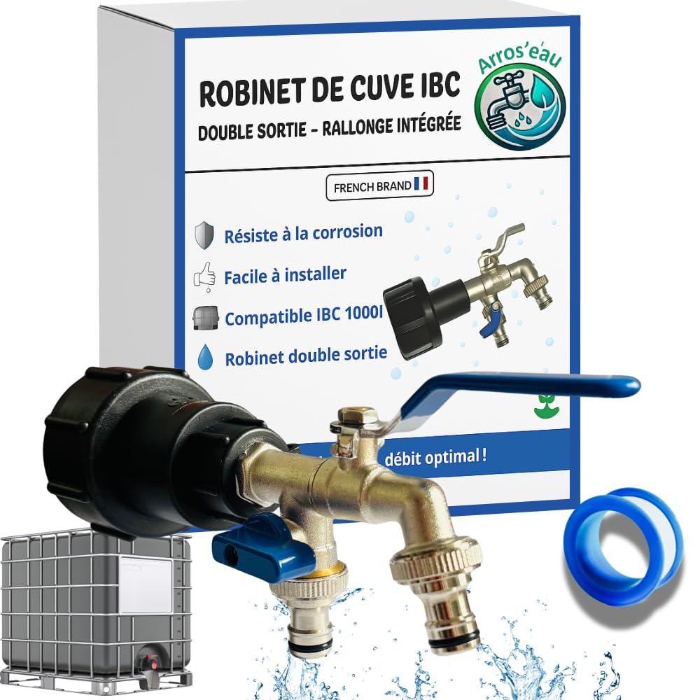 Robinet Cuve 1000L 1/2 S60X6 IBC- Extension Intégrée, raccord cuve 1000 litres, Double Sortie avec Rallonge Raccord Rapide & Étanche – Idéal pour Jardinage, Remplissage et Arrosage simultané