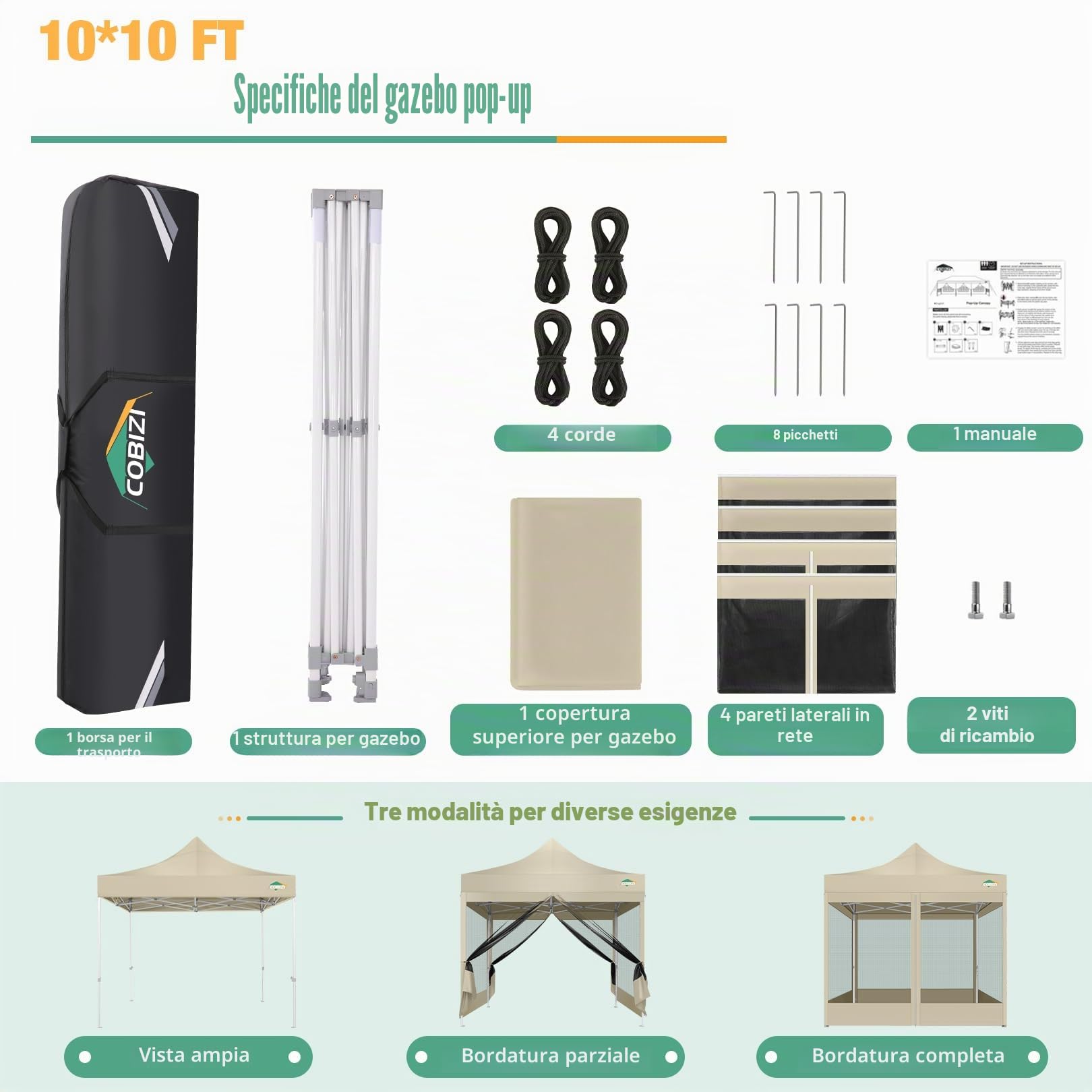 COBIZI Gazebo 3x3 Pieghevole Impermeabile, Esterno Resistente con Zanzariera Parete Laterale,Tende per Gazebo,Tendone Padiglione Pop Up per Feste Campeggio con Borsa(3 per 3m Cachi)