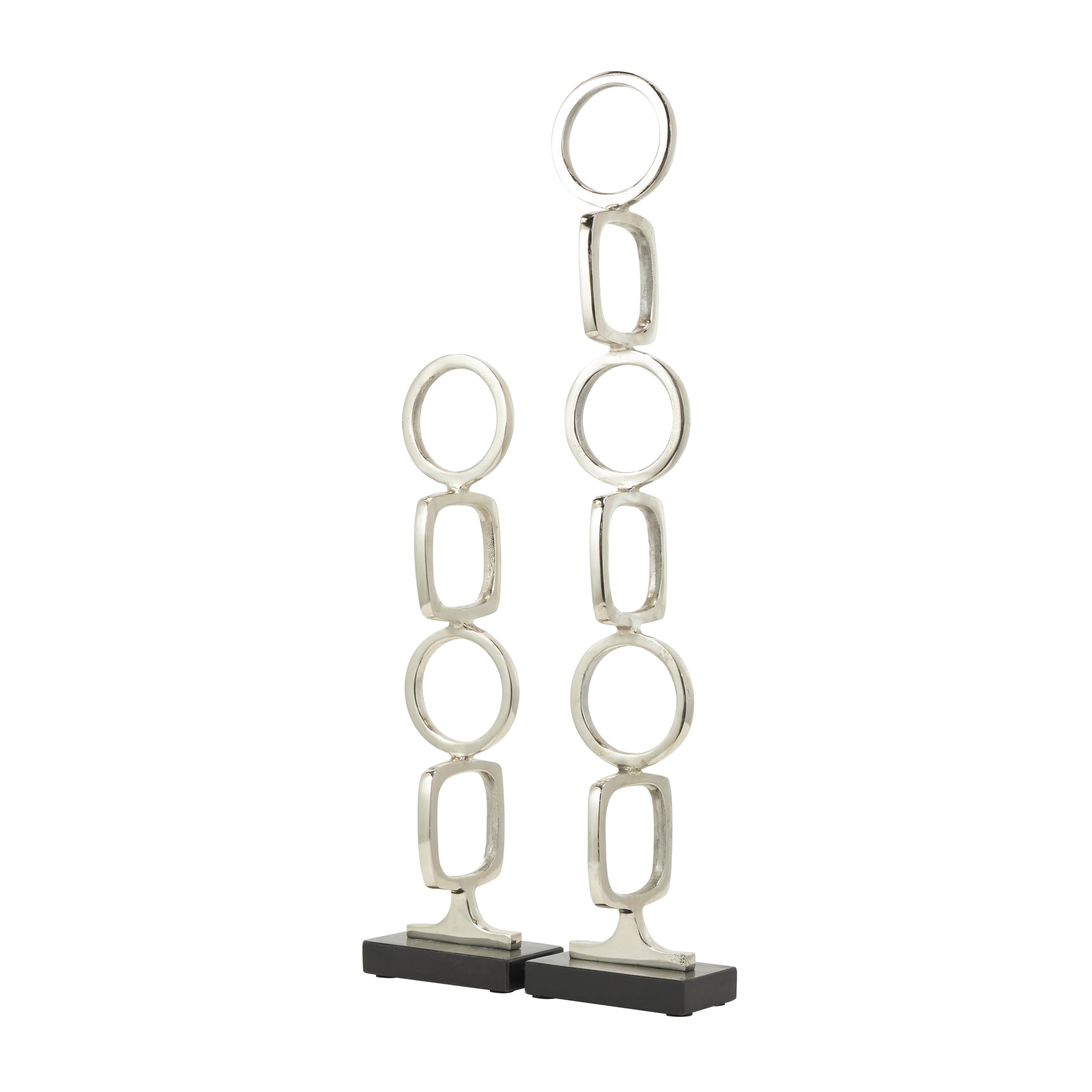 Deco 79 Aluminum Metal Abstract Decorative Sculpture Stacked Geometric Rings Home Decor Statues with Black Marble Bases, Set of 2 Accent Figurines 28", 19"H, Silver