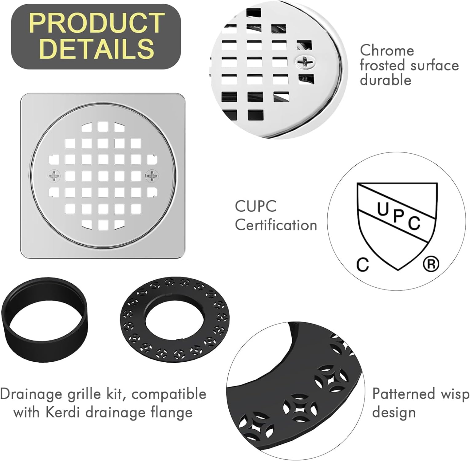 Shower Drain Kit Compatible With Schluter Kerdi Systems, 4 Inch Drain Grate K