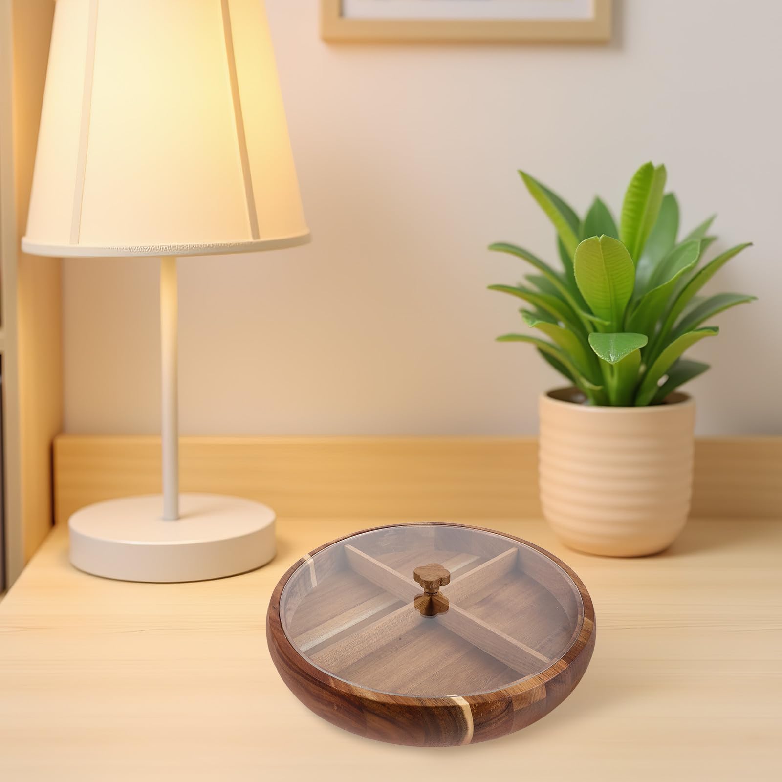 Abaodam Plateau de Service Rond en Bois avec Couvercle Transparent et Compartiments Multiples, Plateau Décoratif pour Fruits Secs et Fruits, pour Fêtes et Réceptions