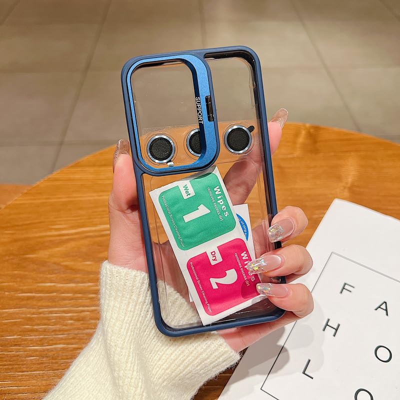 Image of Clear Case for Samsung Galaxy S25 Plus | Metal Lens Protector & 180 Rotating Bracket | Shockproof Transparent Hard Back Cover with Soft TPU Frame - Navy Blue