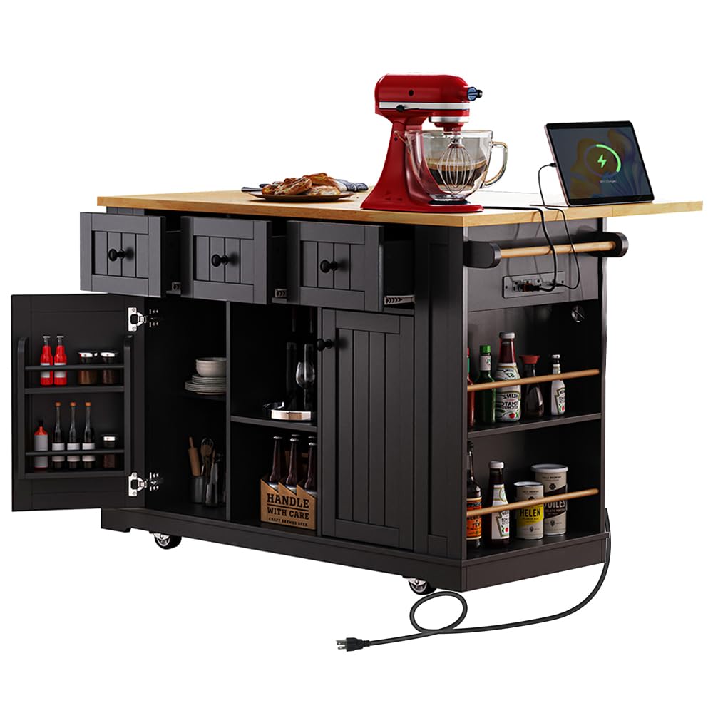 Bennbari Rolling Kitchen Island with Storage, Kitchen Cart on Wheels with Drop Leaf, Mobile Kitchen Storage Cart with Power Outlet, Open Side Racks,