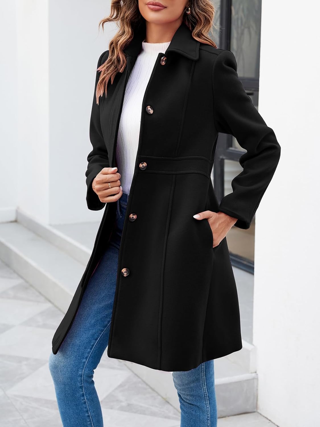 Elegante Cappotto Monopetto da Donna Manica Lunga metà Inverno Soprabito da Lavoro Cappotti da pisello da Ufficio