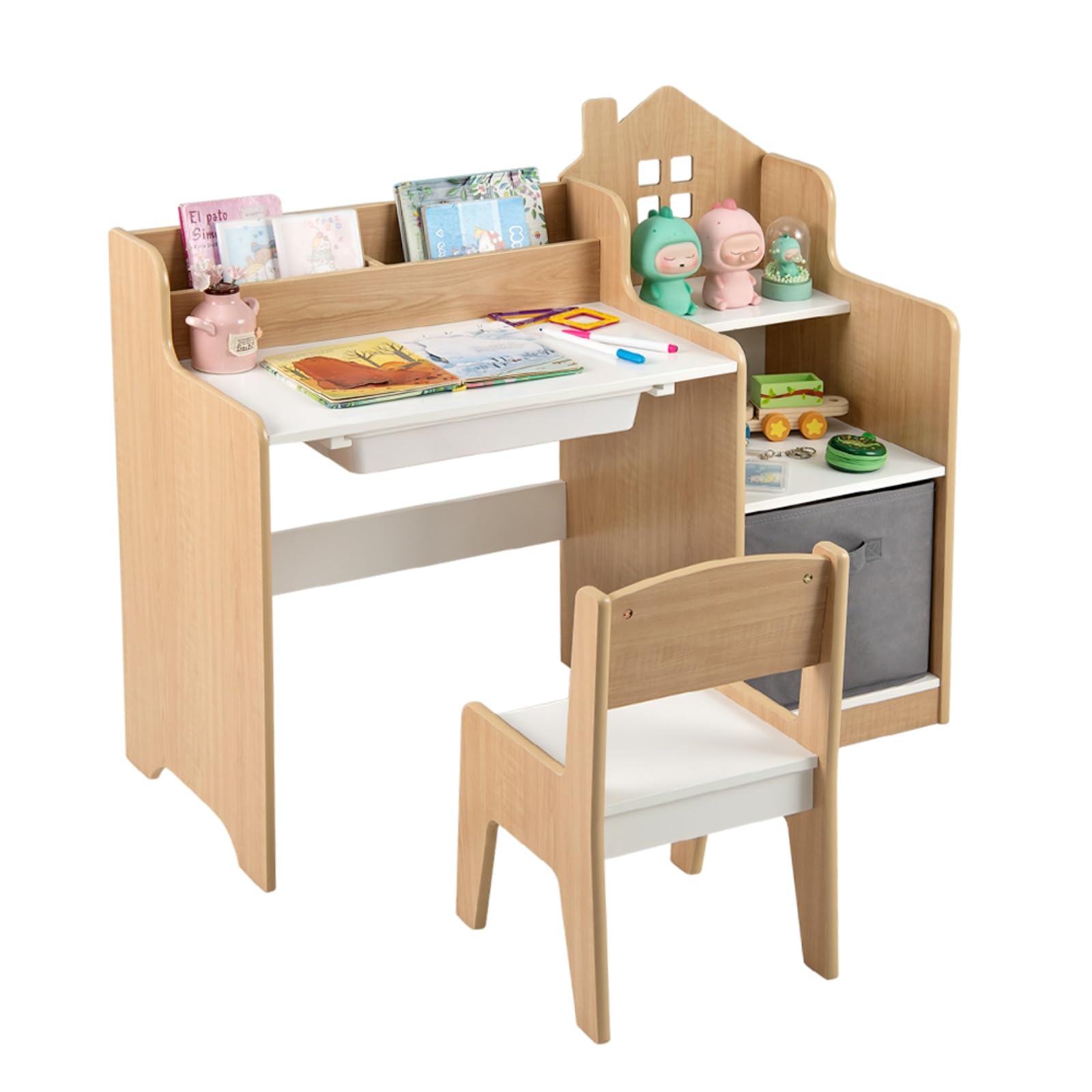 LIFEZEAL Kinderschreibtisch mit Stuhl Set, Kinderlerntisch mit Bücherregal & Schublade, Schreibtisch-Set für Schüler, Tisch und Stühle für Kinderzimmer (Natur)
