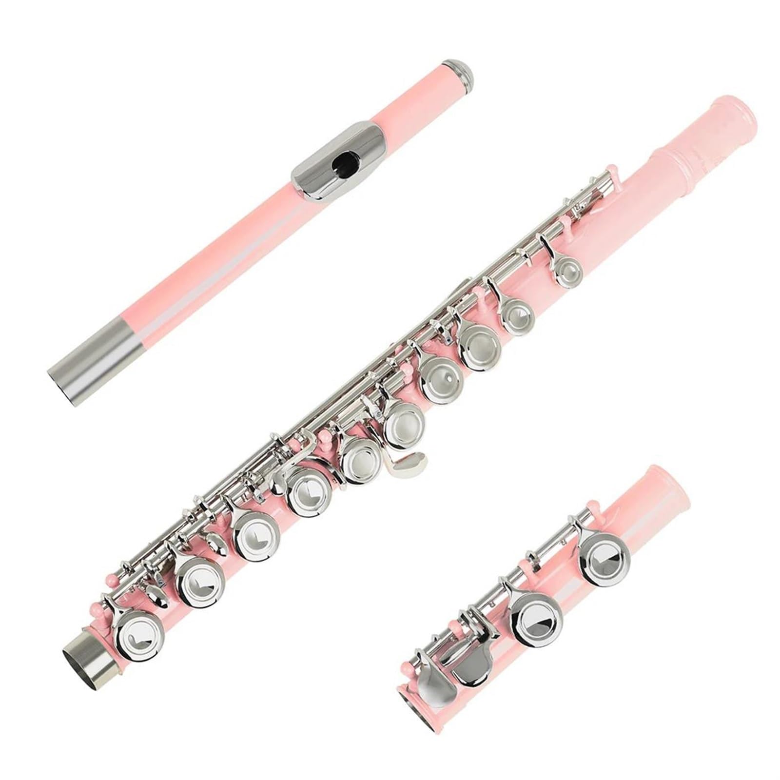 Classic Flûte Traversière Flûte À 16 Trous Fermés Clé C Flûte Professionnelle Argentée Instrument De Musique De Concert Boîte À Flûte Bâton En Tissu Gants Pièces(Pink)