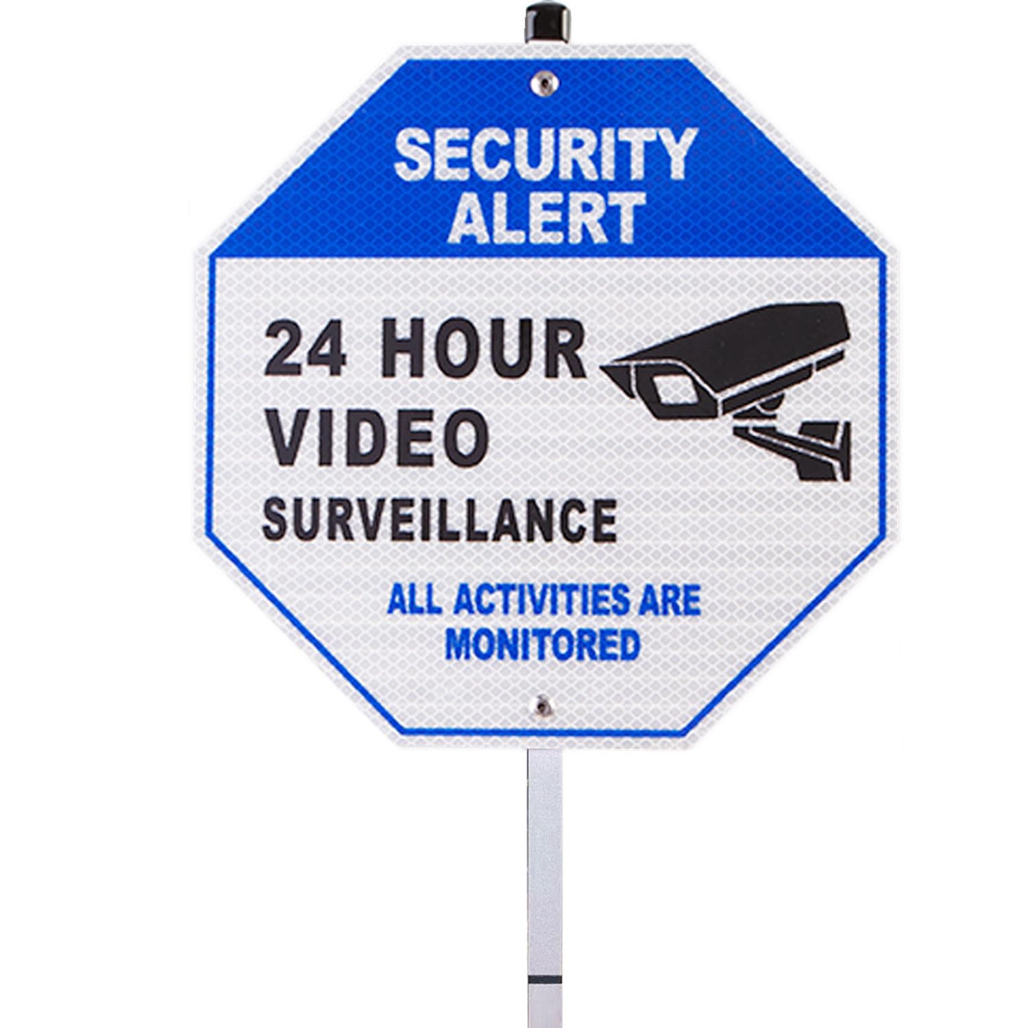 HEIOKEYHoneycomb Reflective 24 Hour Video Surveillance Sign with Stake, 10 x 10 All Activities are Monitored Warning Signs with Pole, Security Alert Aluminum Yard Signs, Security Camera Sign (Blue)