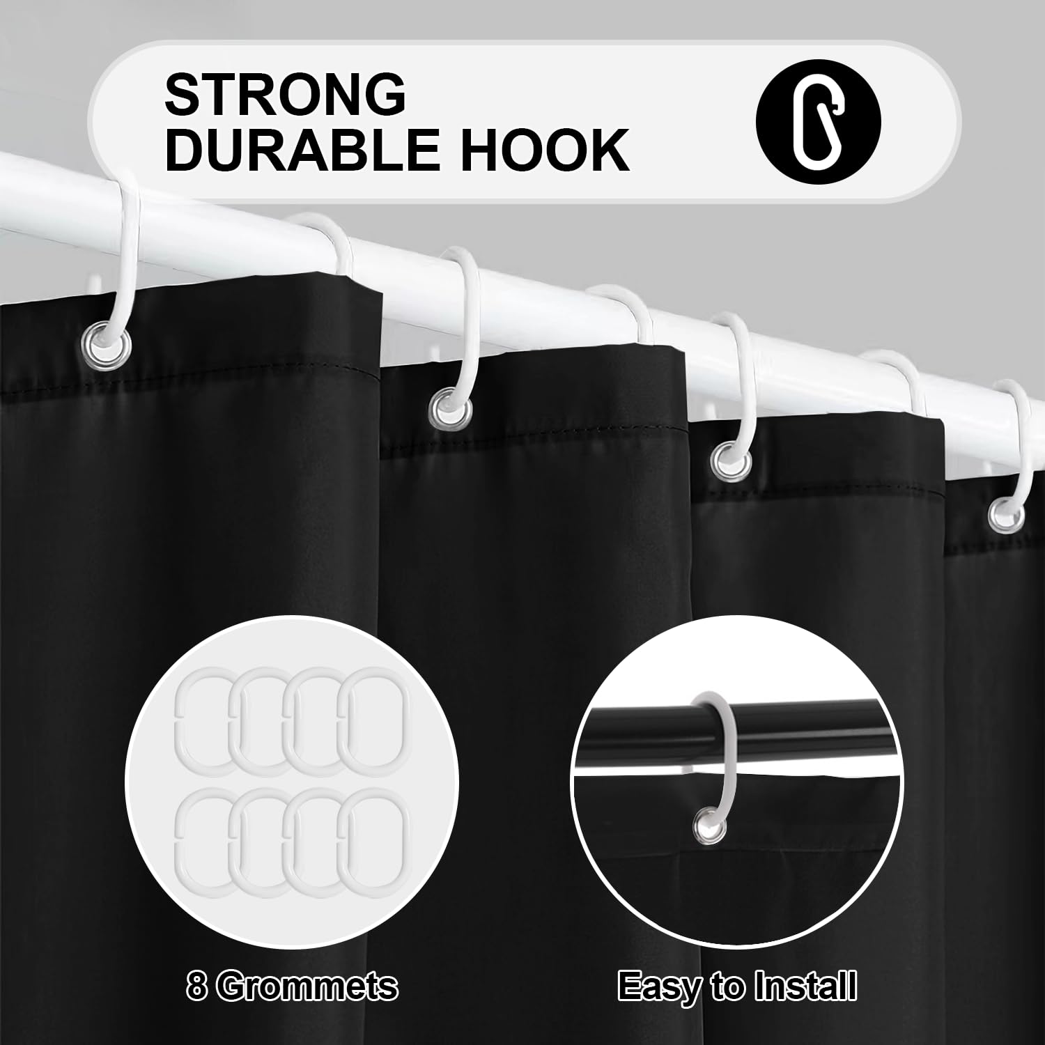 Rideau De Douche 120x200cm PEVA - Anti-moisissure, Imperméable - Noir Avec 8 Anneaux Inclus