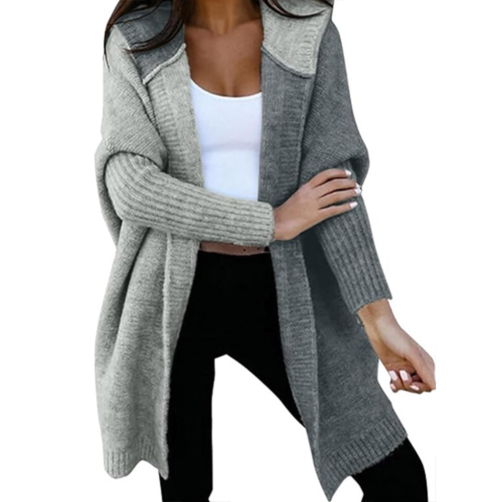 Womens Cardigan Sweaters Open Front Long Sleeve Hooded Knit Cardigans Sweater Color Block Trendy Winter Coat Outwear