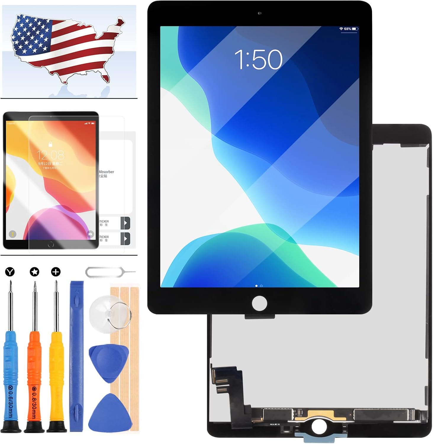 Screen Replacement for iPad Air 2 9.7" 2nd Gen A1566 A1567 LCD Display Touch Screen Assembly, Tablet Front Panel & LCD Screen Repair Part Kits,with Free Tools+ Screen Protector (Black)