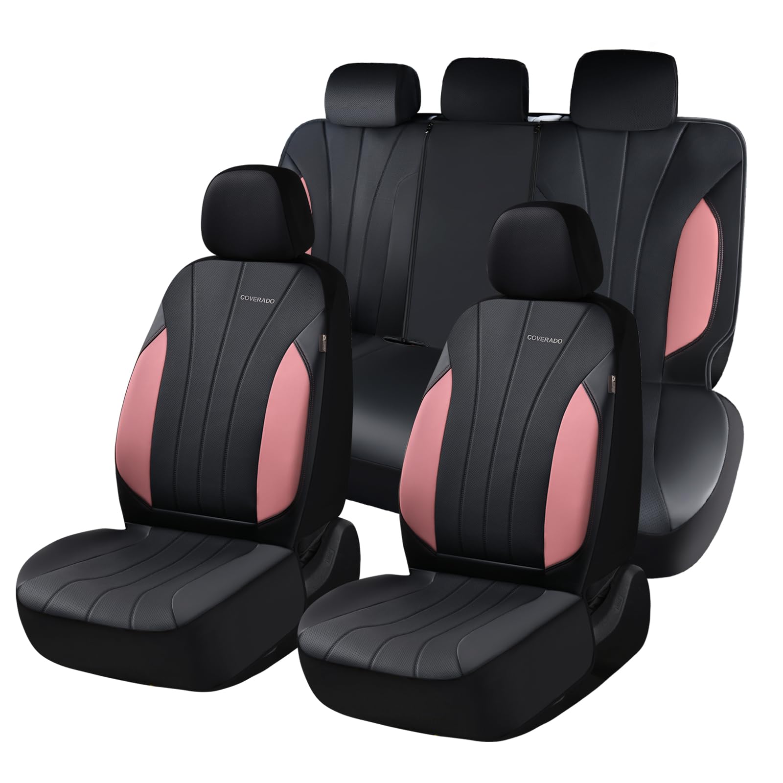 Coverado Car Seat Covers Full Set, 5 Seats Waterproof Nappa Leather Automotive Seat Protectors, Front &amp; Rear Luxury Mesh Seat Covers, All-Weather Universal Fit for Most Cars SUVs, Trucks,Black&amp;Pink