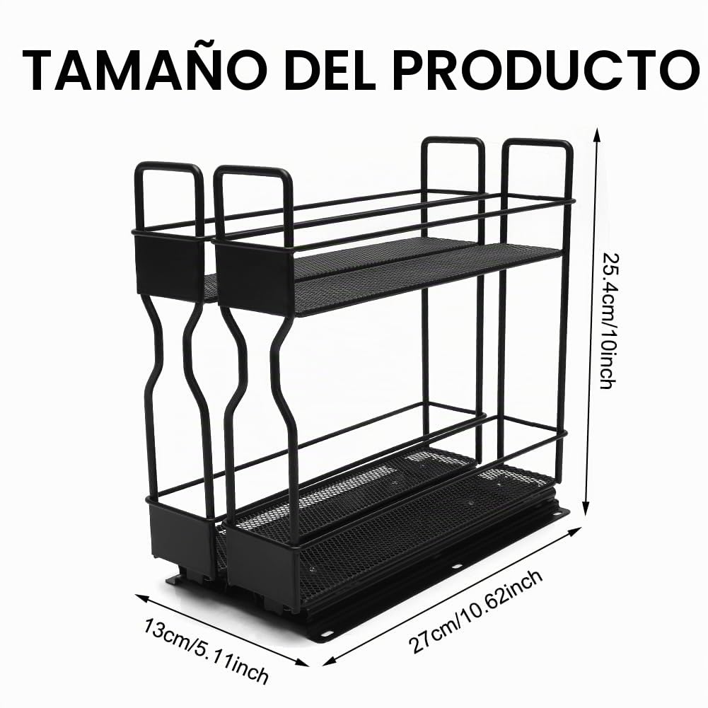 Estantería de dos pisos para especias, extensible, cajón para especias, no requiere montaje ni perforación, construcción de madera natural, diseño de cajones de varios niveles para uno (acero