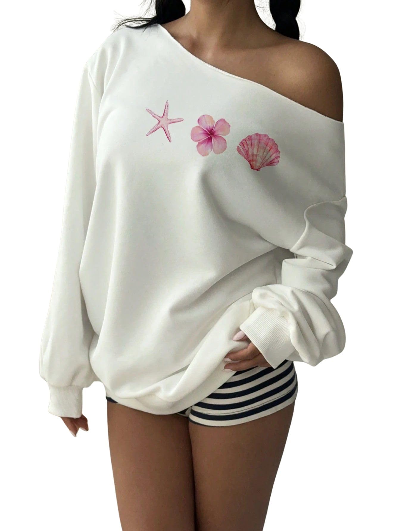 Women Casual Off Shoulder Loose Fit Long Sleeve Sweatshirt, Starfish, Hibiscus, Shell