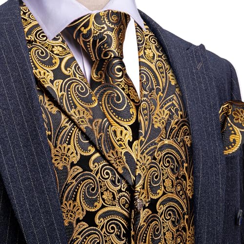 Image of Barry.Wang Mens Silk Lapel /Shawl Collar Vest Tie Sleeve Holder Set Formal /Casual Paisley Vests Wedding Tuxedo Waistcoat