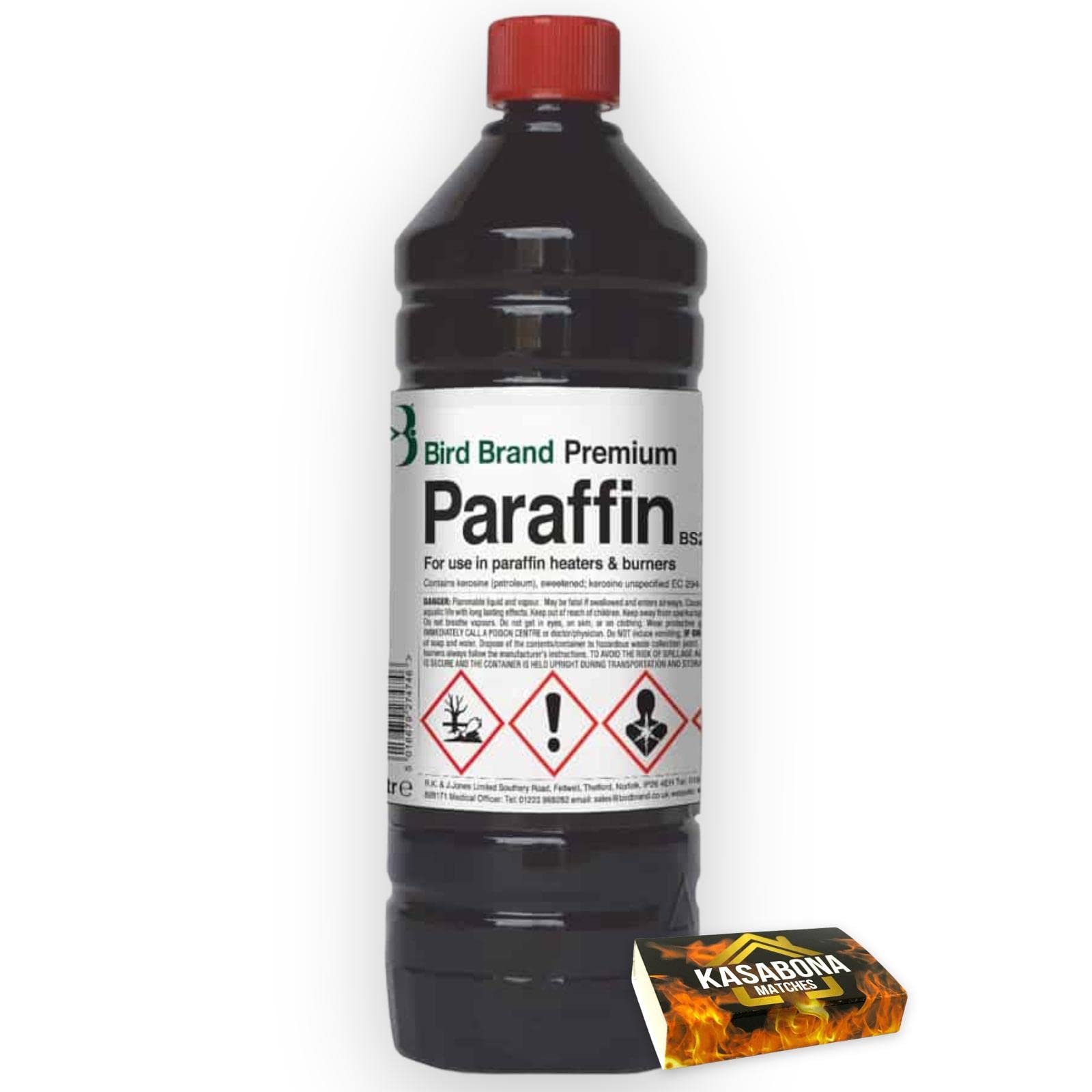 Bird Brand Premium Grade Paraffin 1L x 1 (1 Litre) – Paraffin Oil for Greenhouse Garden Heater Oil Burner Lamps Torches with KasaBona Safety Matches - 1L (1)